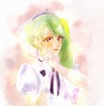  1girl absurdres black_bow blush bow brown_eyes crying crying_with_eyes_open dress eyebrows_visible_through_hair gloves green_hair hand_on_another&#039;s_face highres macross macross_frontier macross_frontier:_toki_no_meikyu parted_lips portrait ranka_lee rita_(love_giorno) solo_focus tears veil white_dress white_gloves 
