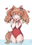  1girl angelina_(arknights) angelina_(summer_flowers)_(arknights) animal_ears arknights bangs bare_shoulders blush casual_one-piece_swimsuit closed_mouth fox_ears fox_girl fox_tail hands_on_own_cheeks hands_on_own_face heart highres infection_monitor_(arknights) long_hair one-piece_swimsuit oripathy_lesion_(arknights) purerin solo swimsuit tail twintails wading 