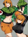  1girl belt black_belt black_hair breasts gardenia_(pokemon) green_footwear highres large_breasts multicolored_hair navel open_mouth orange_eyes orange_hair poke_ball pokemon pokemon_(game) pokemon_dppt poncho shimure_(460) shorts solo two-tone_hair 