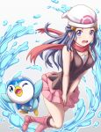  1girl bare_arms beanie blue_eyes blush boots commentary_request eyelashes hair_ornament hairclip hat highres hikari_(pokemon) kneehighs long_hair looking_at_viewer open_mouth pink_footwear pink_skirt piplup pokemon pokemon_(creature) pokemon_(game) pokemon_dppt red_scarf scarf shirt sidelocks skirt sleeveless sleeveless_shirt tongue tsukimi_seiya water water_drop white_headwear 