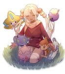  1girl artist_name barboach breasts chimchar closed_eyes dark-skinned_female dark_skin dated drifloon grass highres hololive hololive_english jirachi kneeling large_breasts long_hair poke_ball_hair_ornament pokemon pokemon_(creature) pokemon_(game) punished_pigeon scarf shinx smile thigh-highs togepi tsukumo_sana twintails virtual_youtuber 