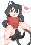  1girl absurdres animal_ears animal_hands bangs barefoot bed_sheet bike_shorts black_eyes black_hair black_shorts cat_ears cat_tail chis_(js60216) commentary feet from_above gloves heart highres hood hood_down hoodie kaban_(kemono_friends) kemono_friends kemonomimi_mode looking_at_viewer lying on_back on_bed open_mouth paw_gloves red_hoodie red_shirt shirt short_hair short_sleeves shorts soles solo spoken_heart tail wavy_hair 