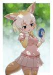  1girl :3 animal_ears blonde_hair blush bow bowtie brown_eyes cowboy_shot eating elbow_gloves extra_ears eyebrows_visible_through_hair fennec_(kemono_friends) food fox_ears fox_girl fox_tail fur_trim gloves hoshino_mitsuki japari_bun japari_symbol kemono_friends kemono_friends_3 multicolored_hair open_mouth pink_sweater_vest pleated_skirt puffy_short_sleeves puffy_sleeves short_hair short_sleeves skirt solo sweater_vest tail thigh-highs white_hair white_skirt yellow_bow yellow_bowtie yellow_gloves yellow_legwear zettai_ryouiki 