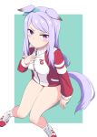  1girl alternate_costume animal_ears bare_legs blush buruma gym_uniform highres horse_ears horse_tail kugui_kiyunemu long_hair looking_at_viewer mejiro_mcqueen_(umamusume) purple_hair shoes simple_background sitting solo tail umamusume violet_eyes 