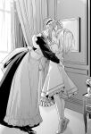  2girls apron blush closed_eyes commentary_request curtains eyebrows_visible_through_hair greyscale highres indoors kiss maid maid_apron maid_headdress monochrome multiple_girls original short_hair tiptoes yuri zanka_(the-only-neat) 