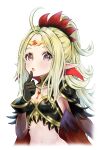  1girl :o absurdres ahoge bangs black_gloves blonde_hair breasts cape feathers fire_emblem fire_emblem_awakening fire_emblem_heroes gloves gradient_hair green_hair highres howaito_gyuunyuu long_hair looking_at_viewer multicolored_hair navel nowi_(fire_emblem) official_alternate_costume parted_bangs pointy_ears ponytail simple_background small_breasts solo tiara upper_body very_long_hair violet_eyes white_background 
