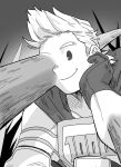  1boy boku_no_hero_academia cape closed_mouth costume gloves gradient gradient_background greyscale hada_(minhw215) hand_on_own_face highres looking_down monochrome quiff smile solo spikes squatting superhero togata_mirio upper_body 