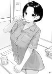  1girl absurdres bangs basket breast_pocket breasts brushing_teeth collarbone collared_shirt cowboy_shot cup door hair_tie hair_up hand_up highres indoors large_breasts looking_at_viewer monochrome original pajamas pig_print pocket shiny shiny_hair shirt signature solo takenoko_no_you toothbrush 