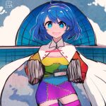  1girl blue_eyes blue_hair cape cloak dress maaru_(akira428) multicolored_clothes multicolored_dress multicolored_hairband one-hour_drawing_challenge orange_sleeves patchwork_clothes rainbow_gradient red_button short_hair sky_print solo tenkyuu_chimata touhou white_cloak zipper 