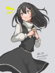  1girl ^^^ absurdres alternate_costume black_dress black_hair character_name cowboy_shot dated dress food grey_background hair_ornament hairclip highres kantai_collection oyashio_(kancolle) simple_background solo sweater taiyaki twitter_username umibudou wagashi white_sweater yellow_eyes 