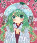  1girl blush closed_mouth eyebrows_visible_through_hair green_eyes green_hair hair_between_eyes hatsune_miku hood hood_up japanese_clothes kimono leaf long_hair long_sleeves looking_at_viewer marker_(medium) own_hands_together pink_background print_kimono rui_(sugar3) sample smile snowflake_background snowflake_print solo tassel traditional_media upper_body vocaloid white_headwear white_kimono wide_sleeves yuki_miku yuki_miku_(2013) 