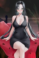  1girl absurdres arm_support bangs black_dress black_hair blush breasts breath collarbone commission covered_navel crossed_legs dress earrings highres hiya_0 jewelry large_breasts lips long_hair looking_at_viewer open_mouth sitting smile solo very_long_hair 