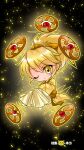 1girl back_bow blonde_hair bow chibi commentary_request electricity eyeball eyebrows_visible_through_hair hair_bow hands_in_opposite_sleeves highres japanese_clothes kimono medium_hair obi one_eye_closed pants ponytail sash shachikuneko000 tabi touhou touhou_(pc-98) wide_sleeves yellow_bow yellow_eyes yellow_kimono yellow_pants yuugenmagan 