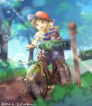  1boy :d baseball_cap bicycle brown_hair exit_sign ground_vehicle hat mother_(game) mother_2 mouse ness_(mother_2) outdoors red_headwear shorts sign smile tree yamamori_uniko 