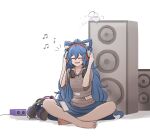  1girl amplifier blue_bow blue_hair blue_ribbon blue_skirt bow commentary commentary_typo commission english_commentary glass hair_bow headphones highres indian_style long_hair mata_(matasoup) musical_note open_mouth patchwork_clothes phone ribbon sitting skirt smile solo speaker spilling touhou yorigami_shion 