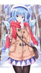  1girl :o \||/ bangs black_legwear blue_bow blue_dress blue_eyes blue_hair blue_ribbon blurry blurry_background blush bow branch breath brown_bag brown_coat cirno coat commentary_request dot_nose dress eyebrows_visible_through_hair eyelashes fingernails hat hat_bow highres ice ice_wings kuraaken long_sleeves open_mouth pantyhose pocket red_scarf ribbon scarf shiny shiny_hair short_hair snow snowing solo standing touhou tree white_headwear wings winter 