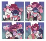  1boy 1girl 1other absurdres axe bishoujo_senshi_sailor_moon blue_skin cape colored_skin corogarucoromo deltarune furry glasses goat_horns highres holding holding_sword holding_weapon horns kris_(deltarune) parody pink_scarf ralsei scarf susie_(deltarune) sweatdrop sword weapon 