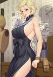  1girl bare_shoulders black_dress blonde_hair blue_eyes bracelet breasts bucket diagram dress evening_gown gonster highres jewelry large_breasts leaning_back necklace original pearl_bracelet pearl_necklace puppet short_hair side_slit sideboob smile standing table thighs 