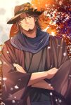  1boy bangs belmond_banderas black_kimono blue_scarf brown_eyes brown_hair brown_headwear choco_(chocovix112) closed_mouth crossed_arms facial_hair fedora hat head_tilt highres japanese_clothes kimono long_sleeves looking_at_viewer male_focus nijisanji open_clothes parted_bangs scarf smile solo stubble thick_eyebrows upper_body virtual_youtuber wide_sleeves 