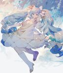  1girl blue_background blue_eyes blue_hair boots bow dress elbow_gloves full_body gloves hair_bow hatsune_miku highres holding holding_staff knee_boots lobelia_(saclia) long_hair puffy_short_sleeves puffy_sleeves short_sleeves snowflakes solo staff symbol-only_commentary twintails very_long_hair vocaloid white_background white_bow white_dress white_footwear white_gloves yuki_miku 