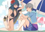  ashe_ubert beach bikini black_bikini blue_eyes blue_hair byleth_(fire_emblem) byleth_eisner_(female) fire_emblem fire_emblem:_three_houses flower food green_eyes grey_hair hair_flower hair_ornament highres holding holding_food ice_cream sweatdrop swimsuit ushiomi 