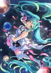  1girl :d aqua_eyes aqua_hair bare_shoulders bubble_blowing floating_hair gloves hatsune_miku highres kyashii_(a3yu9mi) long_hair looking_at_viewer midair planet sleeveless smile solo space twintails vocaloid 