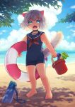  1girl abiko_yuuji animal_ears bangs bare_legs barefoot beach black_choker blue_eyes blue_sailor_collar blue_sky bucket cat_ears cat_girl cat_tail choker clouds cumulonimbus_cloud day fangs full_body highres holding holding_bucket innertube legs_apart looking_at_viewer neckerchief ocean open_mouth original outdoors red_neckerchief sailor_collar sand short_hair silver_hair sky solo standing striped_innertube summer tail tail_raised toenails water 