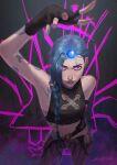  1girl arcane:_league_of_legends arm_up artnikita blue_hair braid cloud_tattoo eyebrows_visible_through_hair fingerless_gloves from_above gloves highres jinx_(league_of_legends) league_of_legends midriff multicolored_nails pink_eyes single_braid solo 