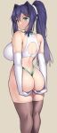  ass breasts buruma elbow_gloves feet_out_of_frame from_behind gloves green_buruma hair_ornament hair_ribbon hairclip highleg highleg_buruma large_breasts looking_at_viewer nagase_haruhito original ponytail ribbon simple_background sports_bra tan_background thigh-highs white_gloves white_ribbon white_sports_bra 