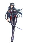  1girl annerose_vajra bangs black_hair bodysuit breasts cropped_jacket full_body highres holding holding_sword holding_weapon impossible_clothes kagami_hirotaka koutetsu_no_majo_annerose large_breasts latex long_hair official_art pointy_ears sideboob simple_background smile solo sword taimanin_rpgx very_long_hair weapon white_background yellow_eyes zipper zipper_pull_tab 