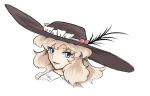  blonde_hair blue_eyes brown_headwear collared_shirt commentary_request dd_tachibana eyebrows_visible_through_hair eyelashes face frilled_hat frills hat hat_feather jacket_girl_(dipp) long_hair open_mouth shirt simple_background touhou white_background white_shirt 