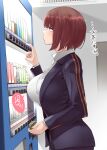  1girl absurdres bangs black_eyes blazer bottle breasts brown_hair can coin_purse eyebrows_visible_through_hair highres jacket large_breasts original ricochet-gou short_hair solo translation_request vending_machine 