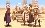  6+girls :3 animal_ears arrow_(projectile) belt black_gloves black_hair black_legwear blonde_hair blurry blurry_background book boots bow_(weapon) breasts brown_hair capelet character_request commentary_request cross cross_necklace day desert dress elbow_gloves fake_halo fingerless_gloves flower flower_on_head gauntlets gloves goggles goggles_on_head green_hair grey_eyes hairband halo hat highres holding holding_book holding_bow_(weapon) holding_staff holding_weapon index_finger_raised jewelry juliet_sleeves kneehighs light_purple_eyes long_hair long_sleeves looking_at_another looking_at_viewer medium_breasts medium_hair midriff multiple_girls navel necklace outdoors pantyhose pelvic_curtain pink_eyes pink_hair poring puffy_sleeves purple_dress rabbit_ears ragnarok_online red_hairband ruins rustle sheath sheathed shoes short_hair short_sleeves side_slit slime_(creature) smile staff stomach sword v_arms weapon 