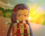  1990s_(style) 1girl anger_vein annoyed bangs bare_shoulders bra braid cloud_tattoo collarbone commentary english_commentary english_text highres jewelry jinx_(league_of_legends) league_of_legends looking_at_viewer mcmugget necklace parted_lips retro_artstyle shiny shiny_hair shoulder_tattoo subtitled sunrise tattoo teeth twin_braids underwear 