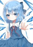  1girl arm_up bangs blue_bow blue_dress blue_eyes blue_hair blush bow bowtie cirno closed_mouth collar collared_shirt dress eyebrows_visible_through_hair eyes_visible_through_hair hair_between_eyes hair_bow hand_up highres ice ice_wings looking_at_viewer okome2028 puffy_short_sleeves puffy_sleeves red_bow red_bowtie shirt short_hair short_sleeves simple_background solo touhou white_background white_shirt wings 