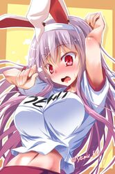  1girl :o animal_ears arms_up bangs blush breasts commentary_request embarrassed eyebrows_visible_through_hair eyelashes gym_uniform highres large_breasts light_purple_hair lips long_hair looking_to_the_side midriff navel nose_blush open_mouth rabbit_ears red_eyes red_shorts reisen_udongein_inaba shirt shorts sidelocks solo standing stomach sweatdrop tongue touhou twitter_username upper_body white_shirt yamu_(reverse_noise) 