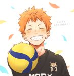  1boy ball closed_eyes commentary_request confetti facing_viewer grin haikyuu!! happy_birthday hinata_shouyou holding holding_ball jersey laugh_111 male_focus orange_hair short_hair smile solo sportswear volleyball volleyball_uniform 