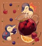  berry bowl brown_background cherry closed_eyes commentary_request cyndaquil fire food framed fruit holding jug leaf no_humans open_mouth orange_(fruit) orange_slice pokemon pokemon_(creature) sparkle strawberry su_(sajo_su5) 