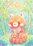  :3 :d animal animal_focus artist_name bamboo bamboo_forest bisquii chibi closed_mouth commentary crescent_moon family foliage forest grass moon nature night night_sky no_humans open_mouth original painting_(medium) panda reading red_eyes red_panda sky sleeping smile sparkle sparkling_eyes star_(symbol) traditional_media watercolor_(medium) 