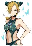 1girl absurdres animal bangs bare_arms bare_shoulders blonde_hair braid breasts brown_eyes bug butterfly collarbone double_bun eyebrows_visible_through_hair green_hair hand_up heart highres jojo_no_kimyou_na_bouken kujo_jolyne long_hair medium_breasts multicolored_hair navel parted_bangs signature simple_background single_braid sofra solo twitter_username two-tone_hair v-shaped_eyebrows white_background