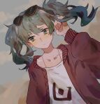  1girl closed_mouth collarbone commentary_request dutch_angle earrings eyewear_on_head green_eyes green_hair hand_up hatsune_miku highres jacket jewelry lobelia_(saclia) long_hair long_sleeves looking_at_viewer red_jacket shirt solo suna_no_wakusei_(vocaloid) sunglasses twintails upper_body vocaloid white_shirt 