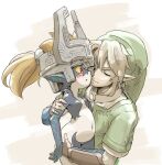  1boy 1girl bangs blush breasts brown_hair closed_eyes colored_sclera earrings gradient gradient_background green_headwear green_shirt gxp helmet hetero highres hug jewelry link long_hair midna navel open_mouth pointy_ears profile red_eyes shirt small_breasts smile stomach the_legend_of_zelda the_legend_of_zelda:_twilight_princess upper_body white_background yellow_sclera 