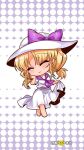 1girl barefoot blonde_hair bow chibi closed_eyes commentary_request hand_on_own_face hat hat_bow highres holding holding_clothes holding_skirt louise_(touhou) medium_hair purple_bow purple_sailor_collar sailor_collar shachikuneko000 shirt skirt smile sun_hat touhou touhou_(pc-98) twintails white_shirt white_skirt 