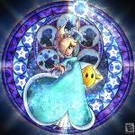  1girl amyroser black_eyes blonde_hair blue_dress blue_eyes crown dive_to_the_heart dress earrings english_commentary floating_hair hair_over_one_eye highres holding holding_wand jewelry kingdom_hearts looking_down luma_(mario) mario medium_hair open_hand parody princess_peach rosalina silhouette solo_focus stained_glass starman_(mario) super_mario_bros. super_mario_galaxy super_smash_bros. v-shaped_eyebrows wand watermark 