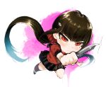  1girl bangs black_legwear blush brown_hair danganronpa_(series) danganronpa_v3:_killing_harmony eyebrows_visible_through_hair frown hair_ornament hairclip harukawa_maki holding holding_knife ka_saki_(tyfu2283) kneehighs knife long_hair looking_at_viewer miniskirt mole mole_under_eye pink_background pleated_skirt red_eyes red_scrunchie school_uniform scrunchie shiny shiny_hair shirt short_sleeves skirt solo twintails white_background 