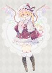  1girl adapted_costume argyle argyle_background blonde_hair blush boots brown_footwear cross-laced_footwear crystal flandre_scarlet full_body grey_scarf hair_between_eyes hat highres knee_boots lace-up_boots long_hair long_sleeves mob_cap nikorashi-ka one_side_up red_eyes scarf solo touhou white_headwear wide_sleeves wings 
