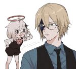  1boy 1girl alternate_costume bangs bespectacled black_necktie black_shorts black_vest blonde_hair blue_eyes blue_shirt dainsleif_(genshin_impact) eye_contact genshin_impact glasses hair_ornament halo hand_on_hip highres looking_at_another mask mask_over_one_eye necktie open_mouth paimon_(genshin_impact) parted_lips sakanomachico shirt shorts signature simple_background sweat vest white_background white_hair white_shirt 