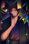  1boy bangs belmond_banderas brown_eyes brown_hair choco_(chocovix112) closed_mouth collarbone commentary_request facial_hair hand_up highres holding japanese_clothes kimono looking_at_viewer male_focus night night_sky nijisanji obi open_clothes parted_bangs purple_kimono sash sky smile solo star_(sky) starry_sky stubble tanabata tanzaku thick_eyebrows upper_body virtual_youtuber 