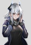  1girl arknights blacksteel_worldwide_(arknights) blush breasts dragon_girl dragon_horns eyebrows_visible_through_hair glasses grey_hair highres horns jacket krirk large_breasts liskarm_(arknights) long_sleeves looking_at_viewer open_mouth ponytail silver_hair 