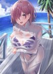  1girl ass bangs beach blue_sky blush bra bra_visible_through_clothes breasts fate/grand_order fate_(series) hair_over_one_eye highres kazami_chiu large_breasts light_purple_hair long_sleeves looking_at_viewer mash_kyrielight multiple_views ocean open_mouth panties purple_bra purple_panties shirt sky smile underwear violet_eyes wet wet_clothes wet_shirt 